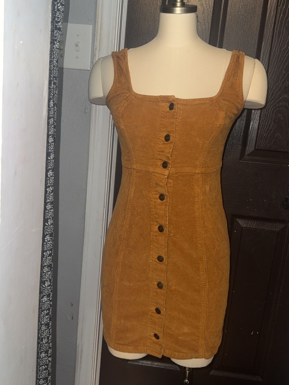 SO Corduroy Button-Front Mini Dress in Camel Brown